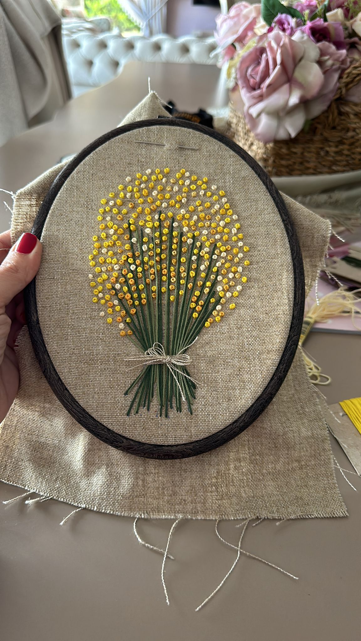 Red Ribbon's Embroidered Golden Mimosas Floral Hoop