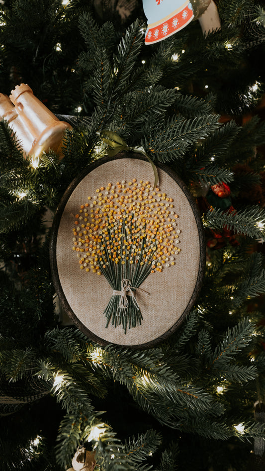 Red Ribbon's Embroidered Golden Mimosas Floral Hoop