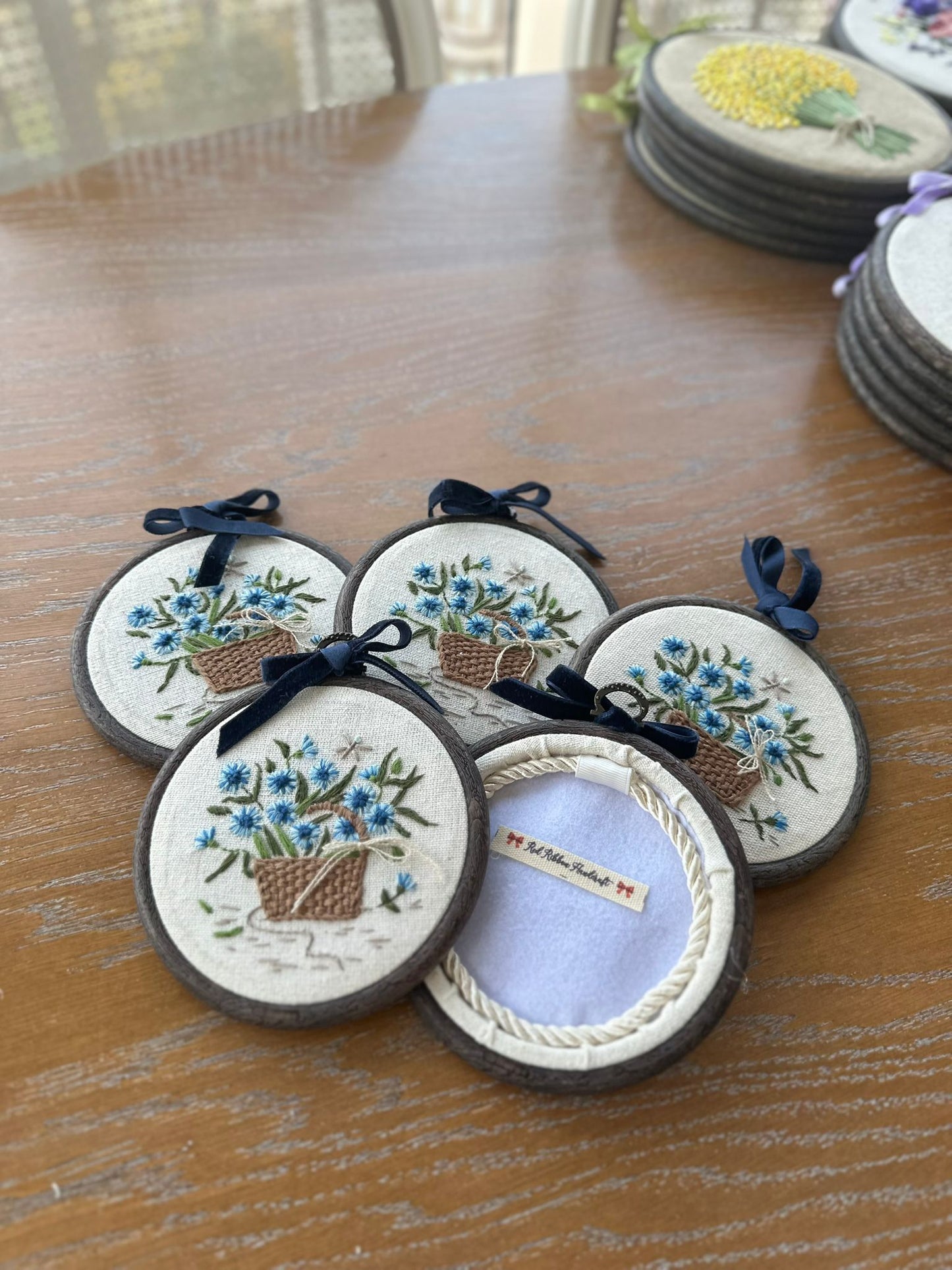Red Ribbon's Embroidered Cornflower Basket Floral Hoop