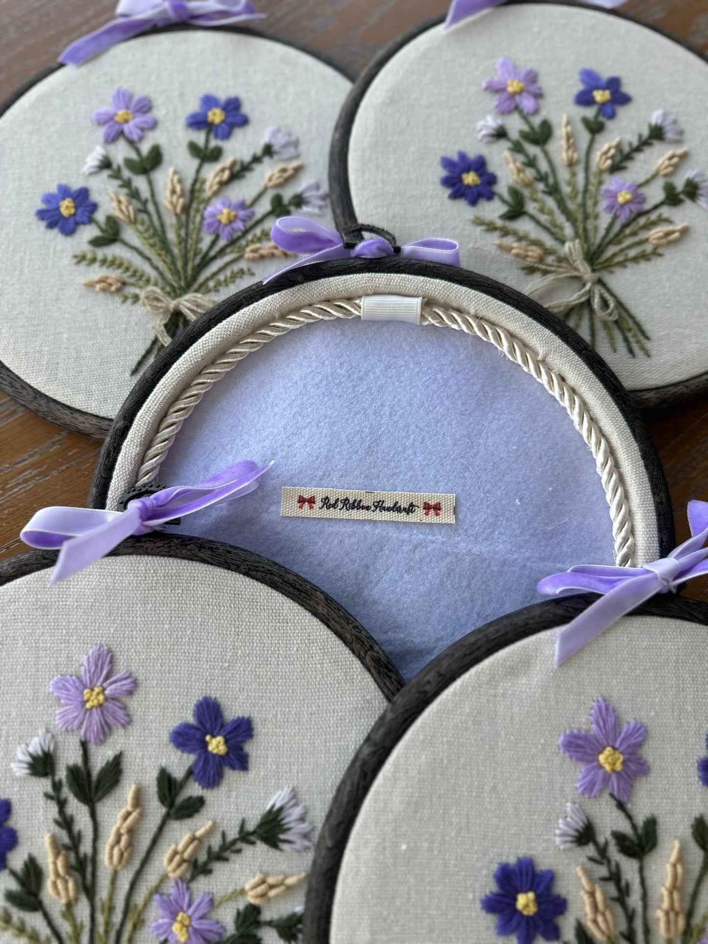 Red Ribbon's Embroidered Violet Bloom Floral Hoop
